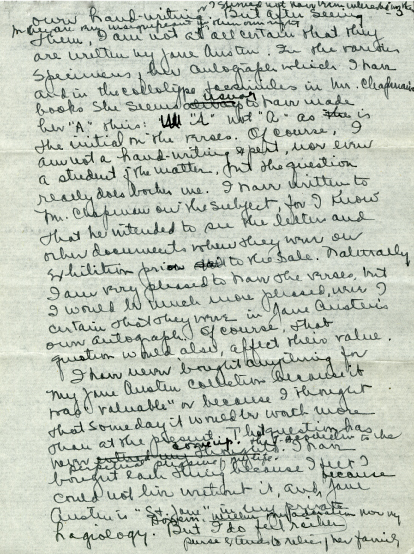 A letter in black ink, handwritten in cursive by Alberta Burke shows her edits with some words and phrases scratched out and over-written.