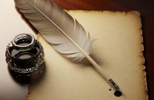 A quill pen and parchment paper.
