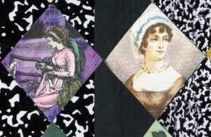 An image collage of portraits of Jane Austen, part of the exhibit the explores materials related to Jane Austen.