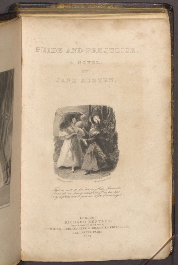 The title page of Goucher's copy of Pride and Prejudice. The title page contains a black and white engraving of two women wearing 18th century dress and holding parasols.
