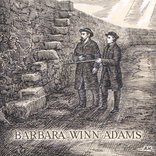 A black and white engravement depicting two men standing beside a stone wall and steps leading to the top of the wall. The man on the right (Alfred Lord Lennyson) points with his cane toward the wall while the second man looks toward the wall.
