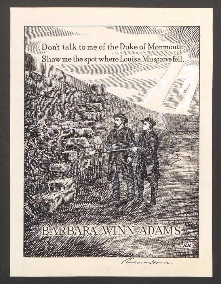 A black and white engravement depicting two men standing beside a stone wall and steps leading to the top of the wall. The man on the right (Alfred Lord Lennyson) points with his cane toward the wall while the second man looks toward the wall.