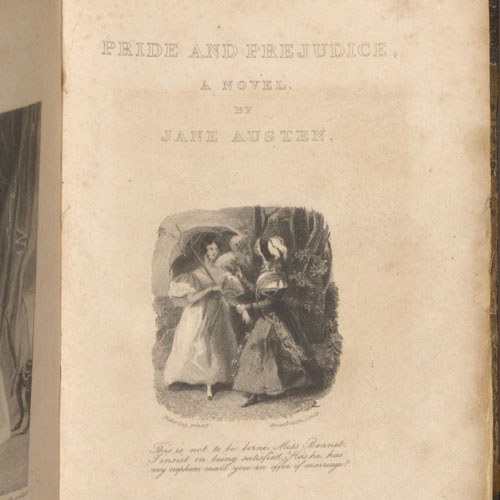 The title page of Goucher's copy of Pride and Prejudice. The title page contains a black and white engraving of two women wearing 18th century dress and holding parasols.